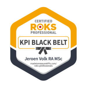 KPI Black Belt certification badge featuring the ROKS logo and the name Jeroen Volk RA MSc; includes website madetomeasureKPIs.com/rok-professionals