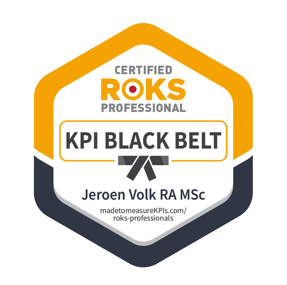 ROKS Black Belt Pro badge Jeroen Volk v2 - VOLK.NL - VOLK.NL KPI Black Belt certification badge featuring the ROKS logo and the name Jeroen Volk RA MSc; includes website madetomeasureKPIs.com/rok-professionals